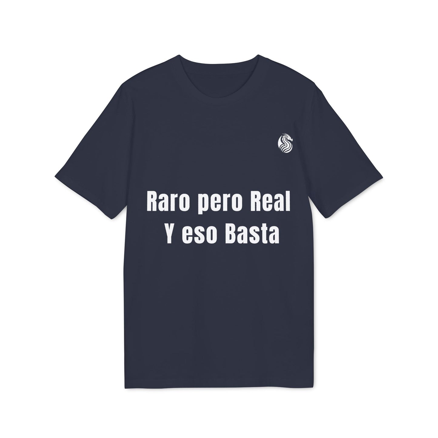 Alt Tag: Raro Pero Real Eso Basta % Drix 100% Organic Cotton T-Shirt navy graphic tee with "Raro pero Real Y eso Basta" front print