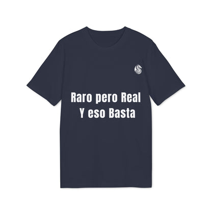 Alt Tag: Raro Pero Real Eso Basta % Drix 100% Organic Cotton T-Shirt navy graphic tee with "Raro pero Real Y eso Basta" front print