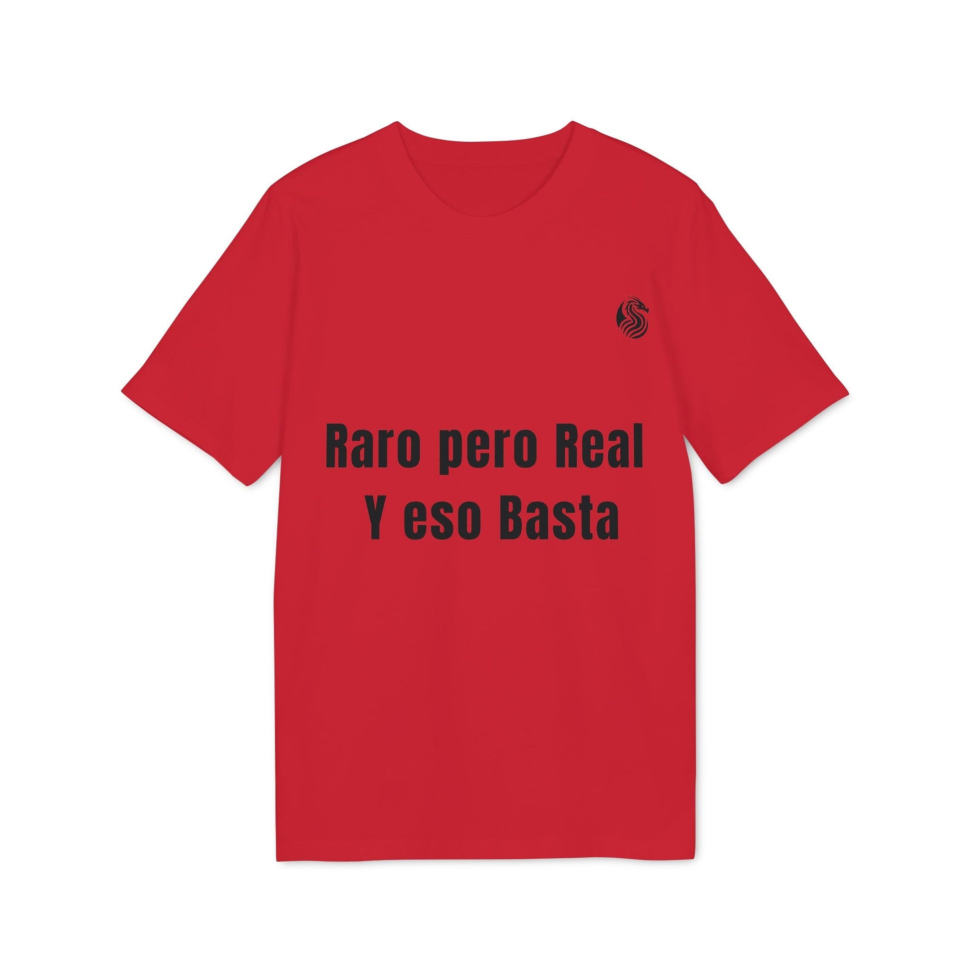Alt Tag: Raro Pero Real Eso Basta % Drix 100% Organic Cotton T-Shirt roja con texto “Raro pero Real y eso Basta” en el frente