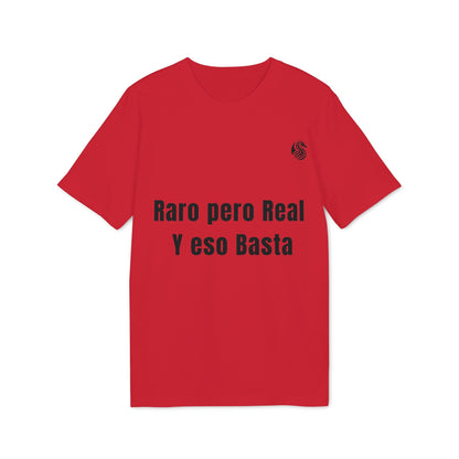 Alt Tag: Raro Pero Real Eso Basta % Drix 100% Organic Cotton T-Shirt roja con texto “Raro pero Real y eso Basta” en el frente