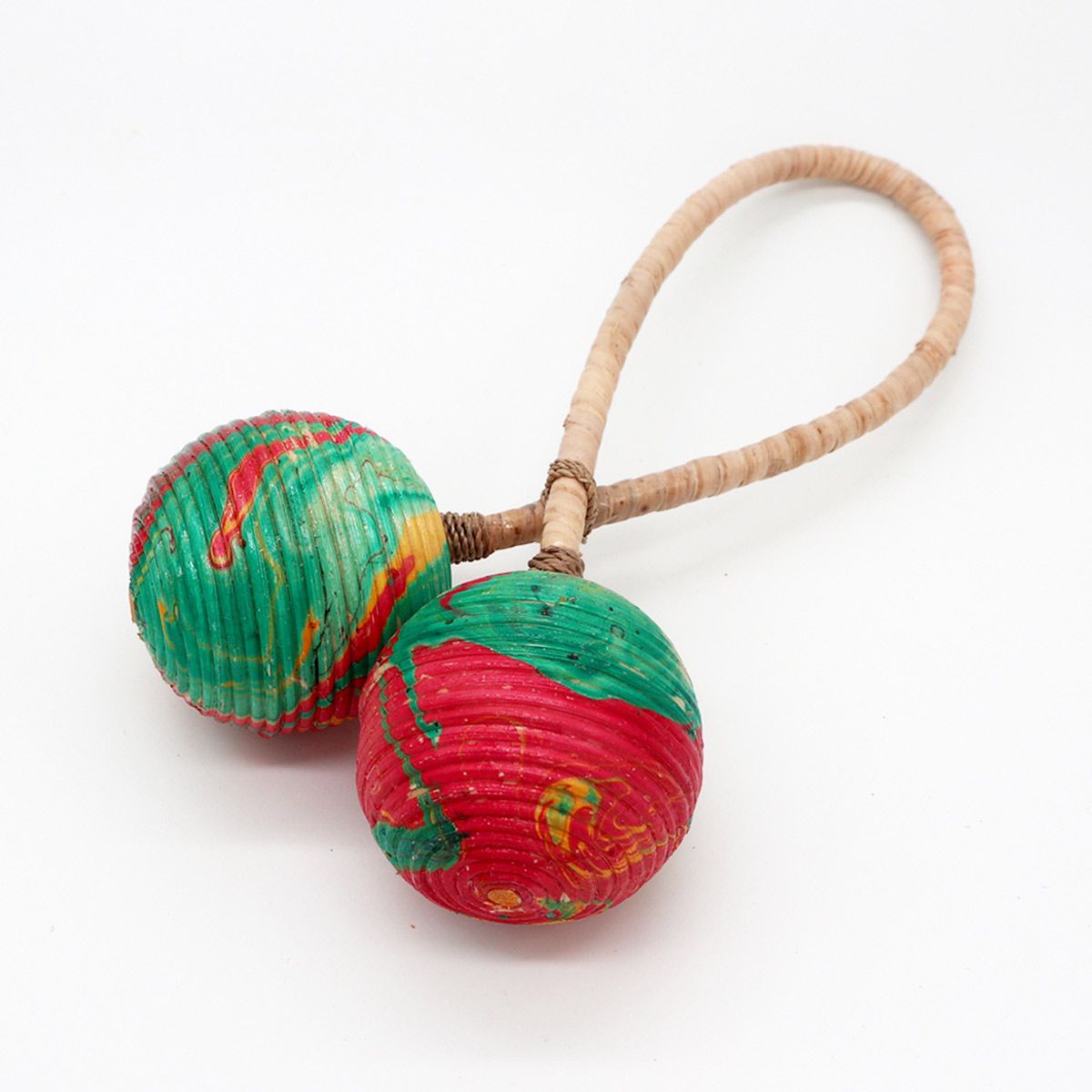 Alt Tag: Rattan Maracas – Double Twist 25CM handcrafted rattan maracas with double-twist handle, red and green, 25cm decorative instrument