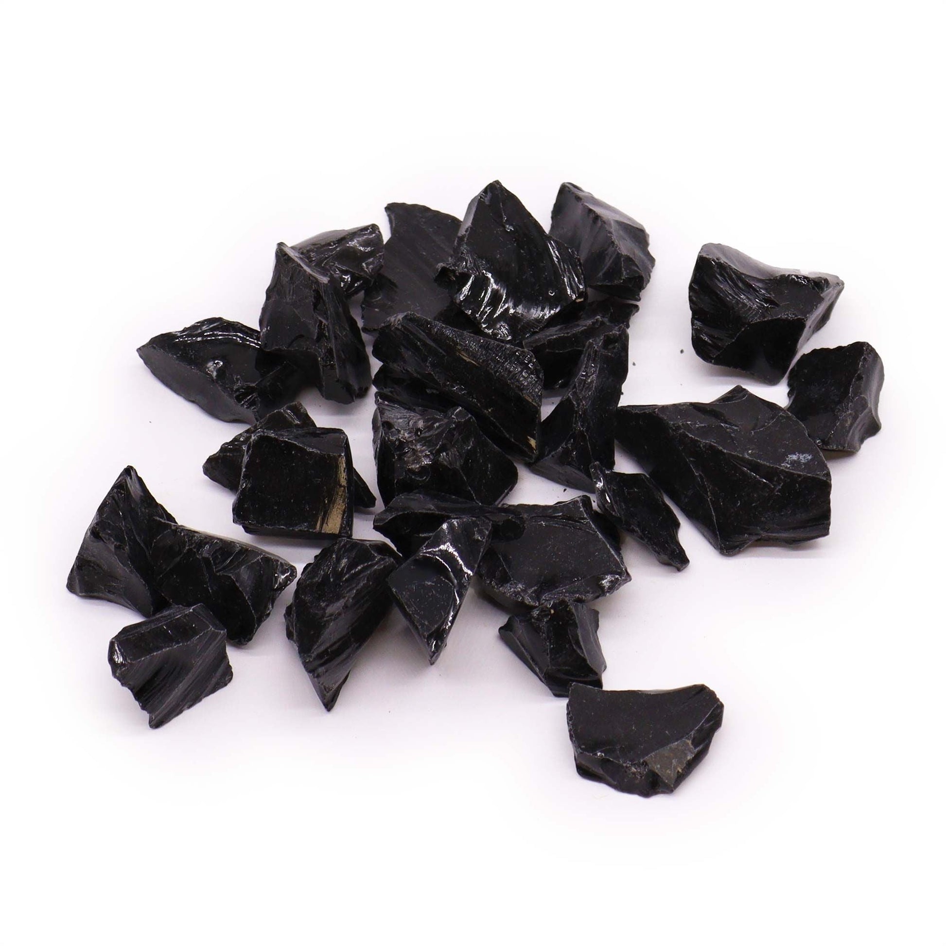 Raw Crystals (500gm) - Black Obsidian raw black obsidian crystal pieces, unpolished natural stones on white background
