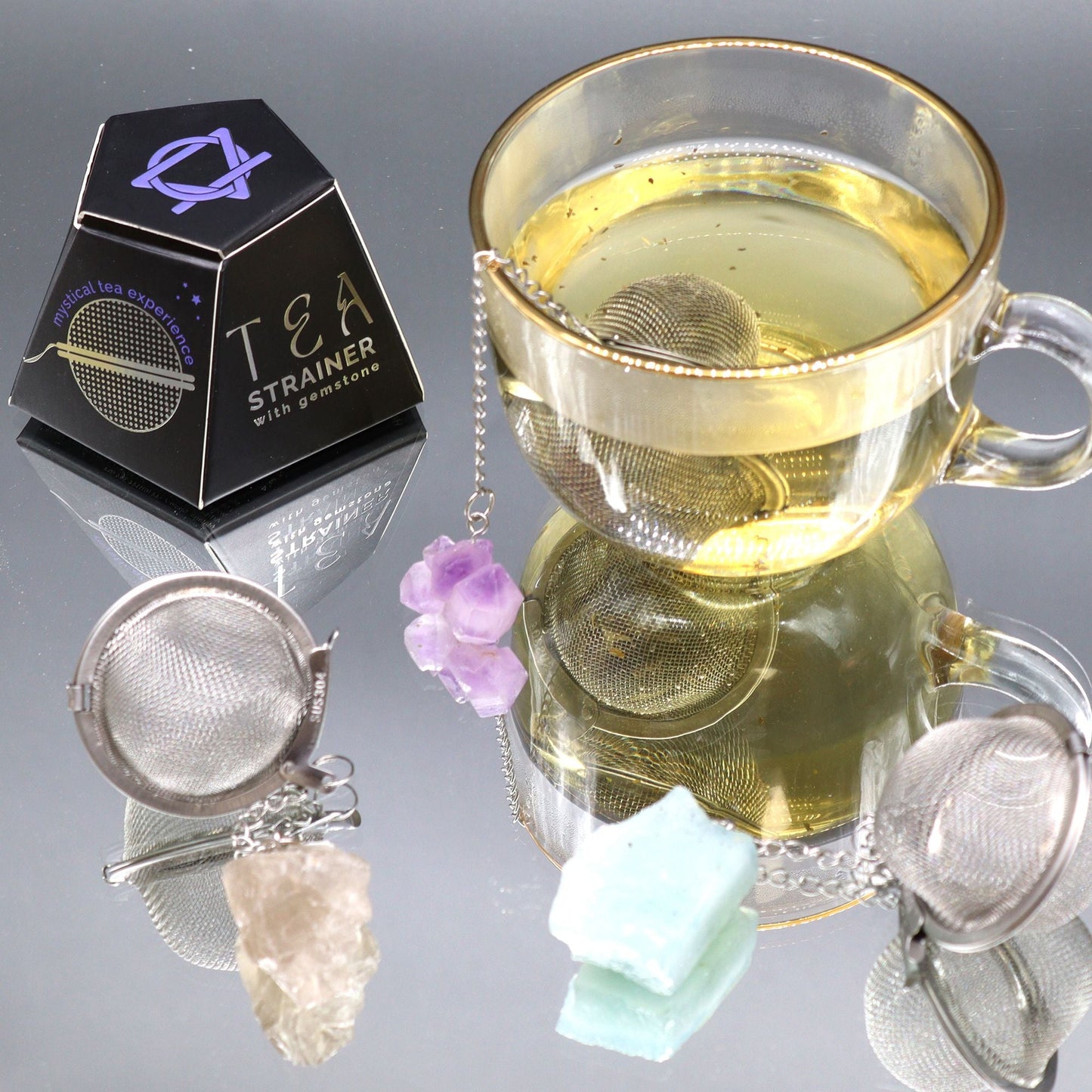 Tesil med rå kristall och ädelsten – Mookaite med infuser i rostfritt stål med mesh, kristallberlock och bryggning av löste i tekopp