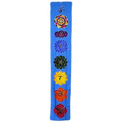 Rayon Bali Wax Batik Wall Hanging – 183x35 CM sky blue chakra drop banner with multicolor chakra symbols, handcrafted Bali wall decor