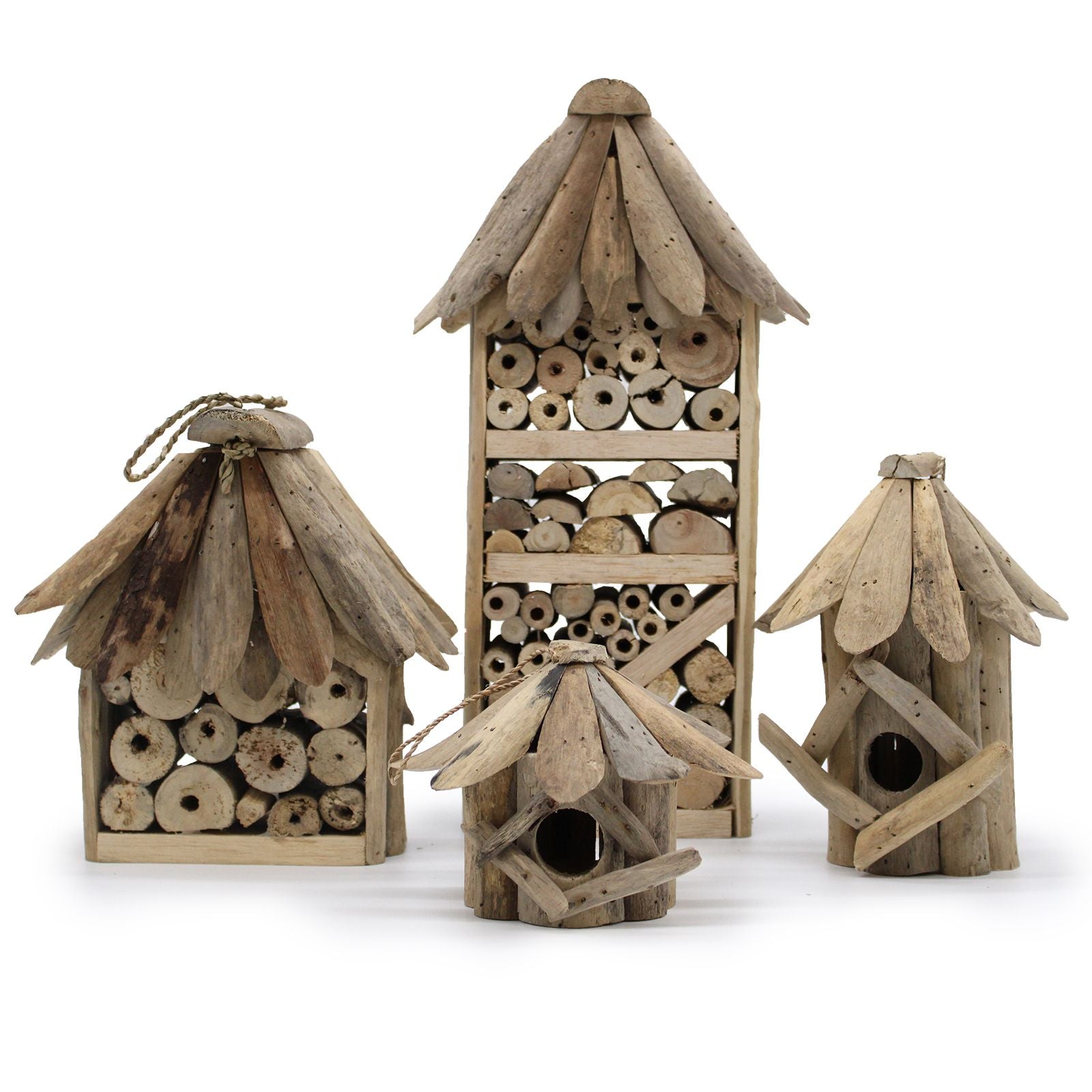 Recycled Driftwood Bird Box – Small, recycled driftwood bird house with wooden roof and round entrance for small garden birds