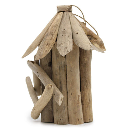Recycled Driftwood Bird Box – Small, eco-friendly recycled driftwood birdhouse with rustic roof and hanging rope