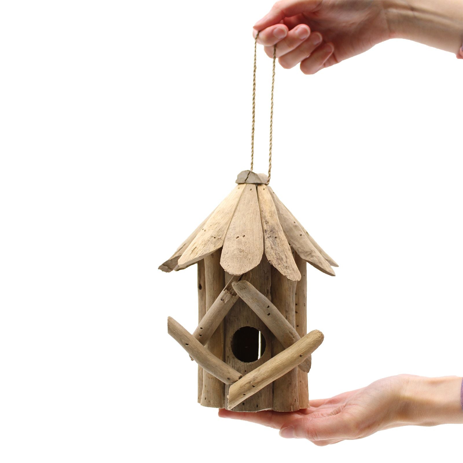 Recycled Driftwood Bird Box – Small hanging recycled driftwood birdhouse with rope, rustic natural wood garden nest box