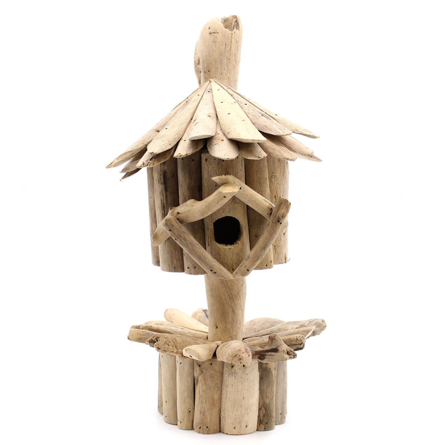 Alt Tag: Recycled Driftwood Birdbox – Stand: 26x26x47 CM rustic driftwood birdhouse on stand with pitched roof and round entrance