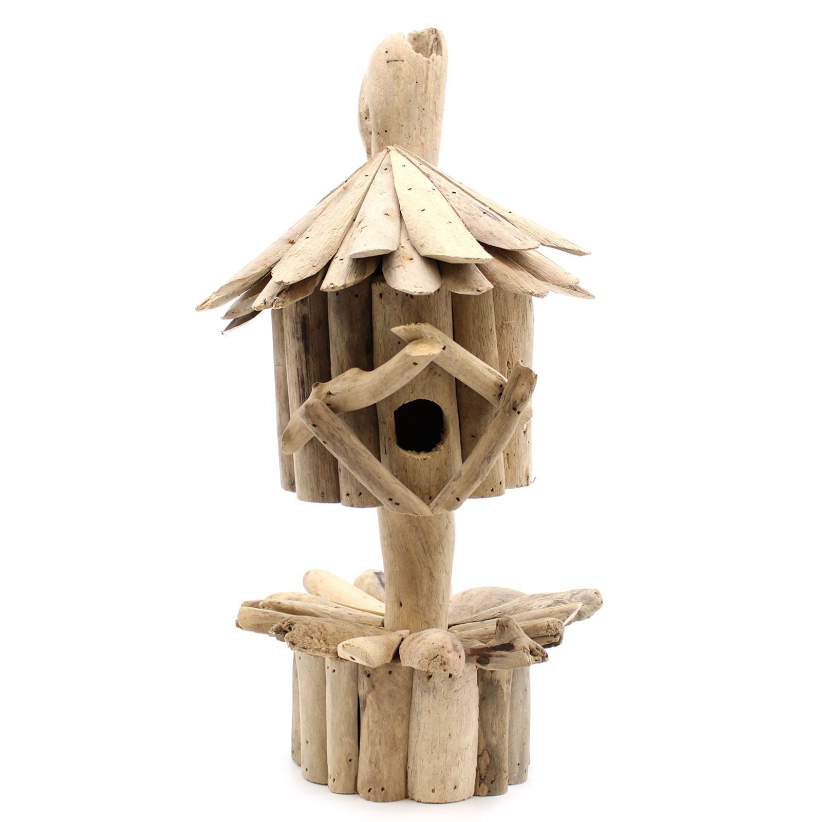 Alt Tag: Recycled Driftwood Birdbox – Stand: 26x26x47 CM rustic driftwood birdhouse on stand with pitched roof and round entrance