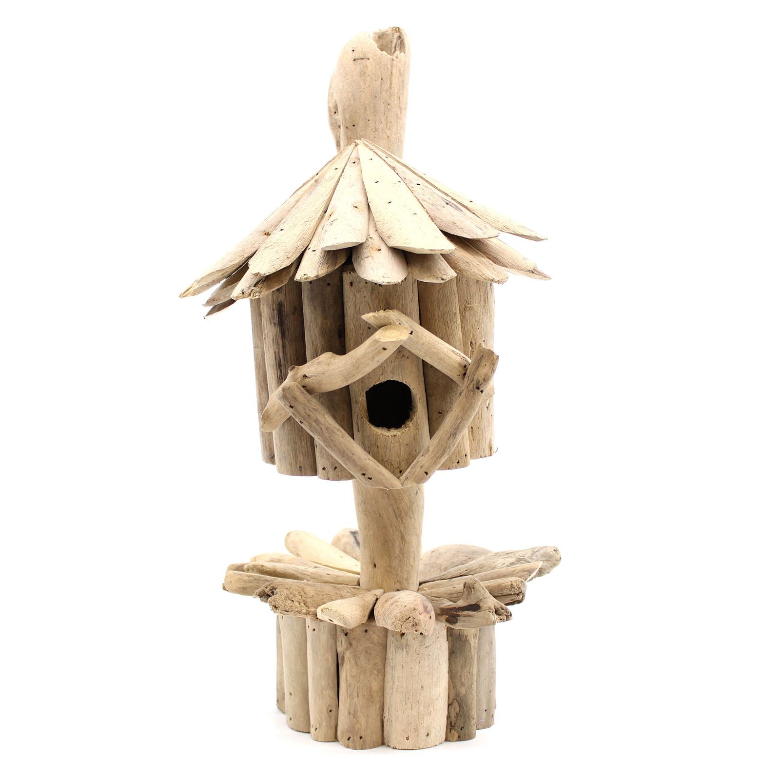 Recycled Driftwood Birdbox – Stand: 26x26x47 CM rustic driftwood birdhouse on stand with pitched roof, garden bird shelter
