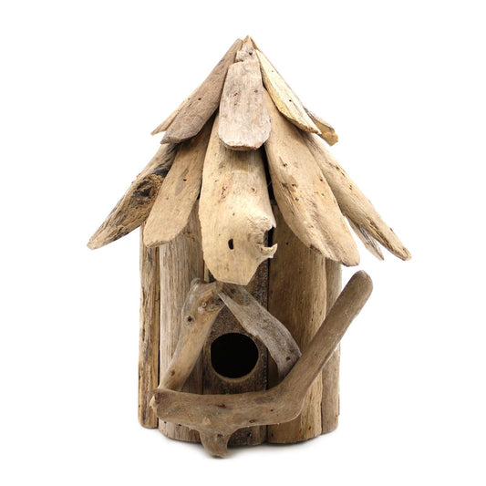 Alt Tag: Recycled Driftwood Birdbox – Wall Hanging 24x12x14 CM, rústica casita nido de madera a la deriva reciclada con tejado y entrada circular