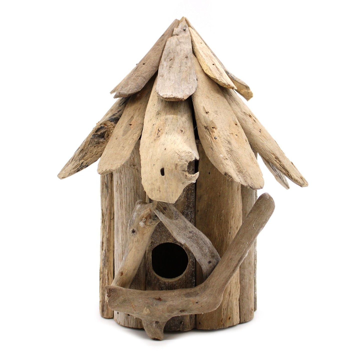 Återvunnen drivvedsfågelholk – Väggupphängd 24x12x14 CM rustik fågelholk i återvunnen drivved med runt ingångshål och tak i naturligt trä