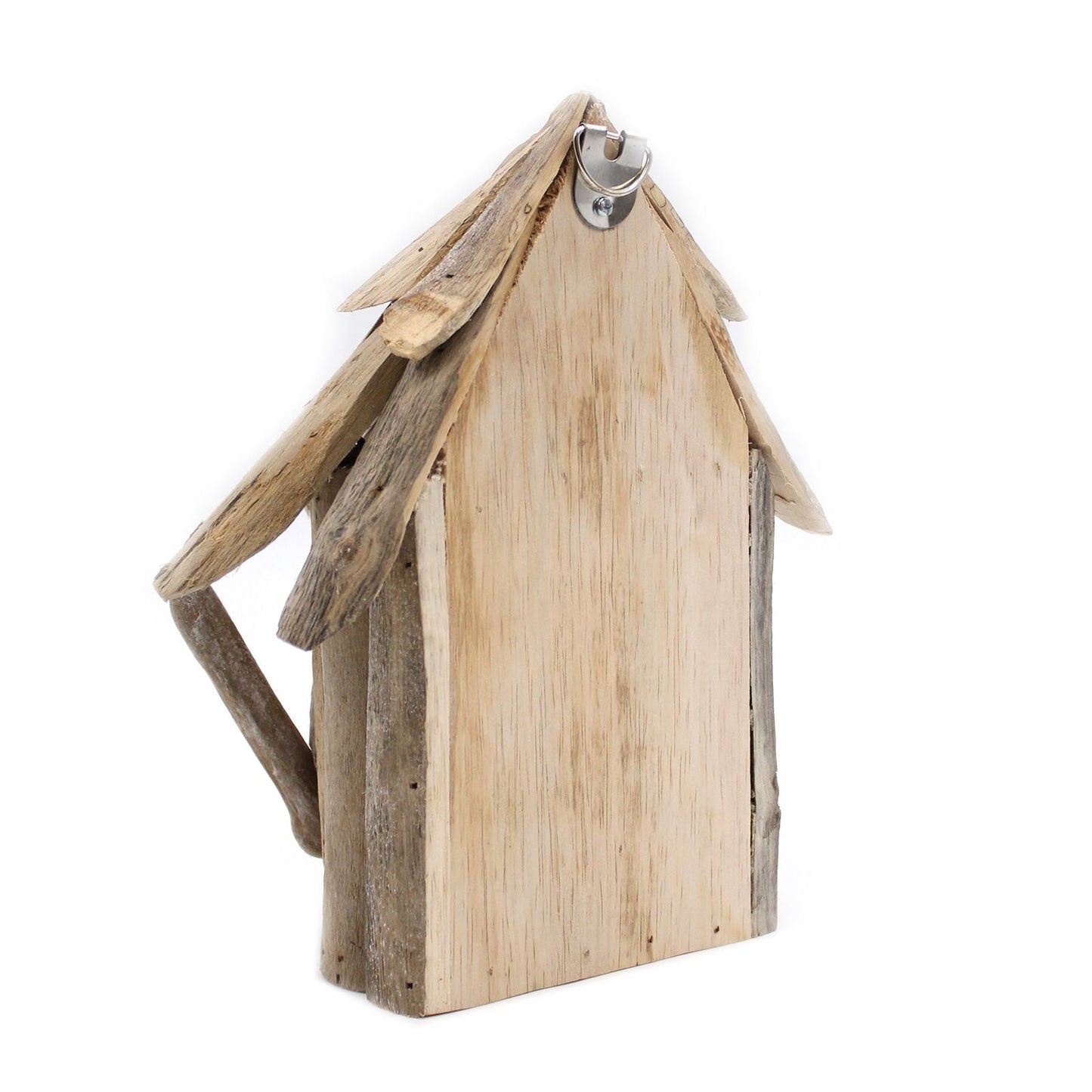 Alt Tag: Återvunnen drivvedsfågelholk – väggupphängd 24x12x14 CM, rustik fågelholk i återvunnen drivved med metallögla för upphängning