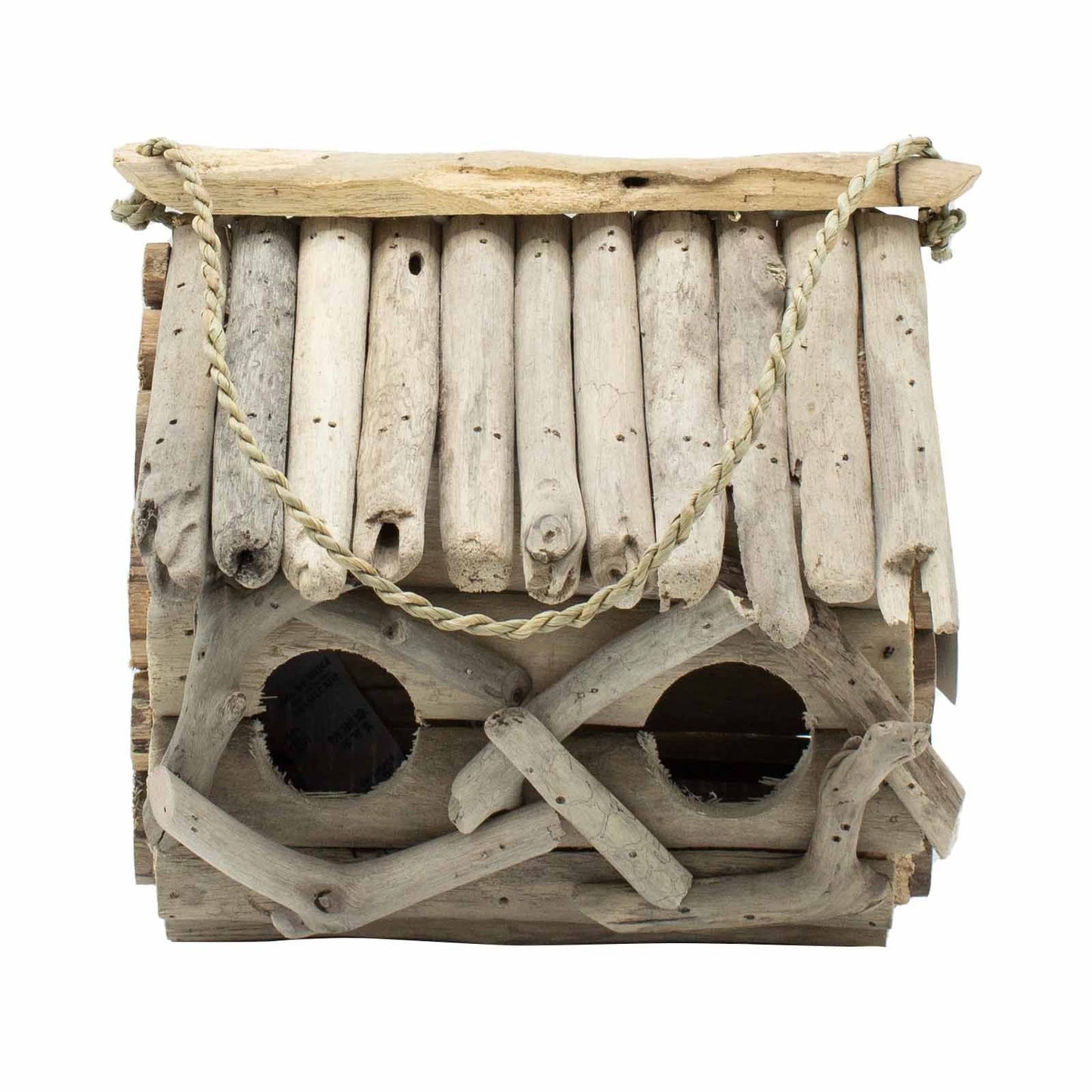Alt Tag: Recycled Driftwood Bird Box – Double 27x27x31 CM, recycled driftwood double birdhouse with two round entry holes