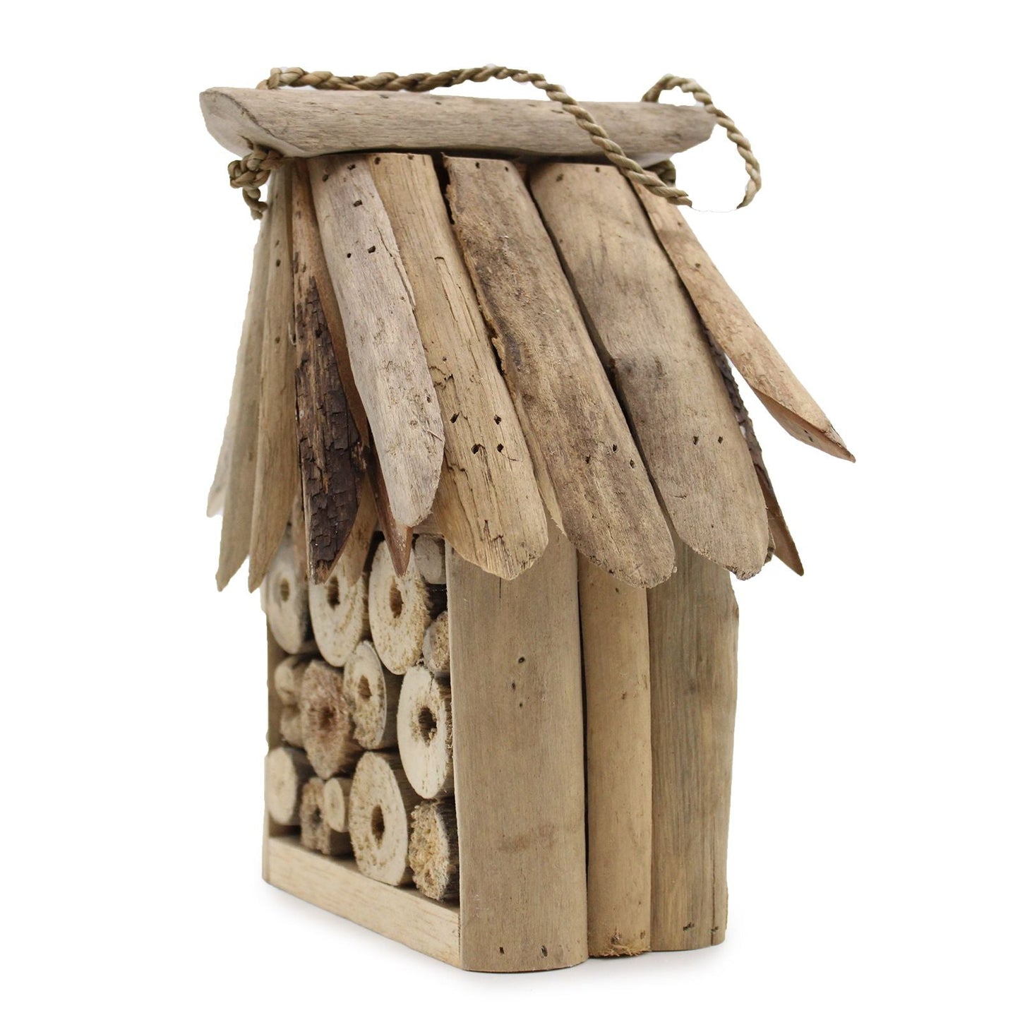 Recycled Driftwood Insect Box – 20x25x26 CM de madera a la deriva reciclada, hotel para insectos con tubos de anidación y techo rústico