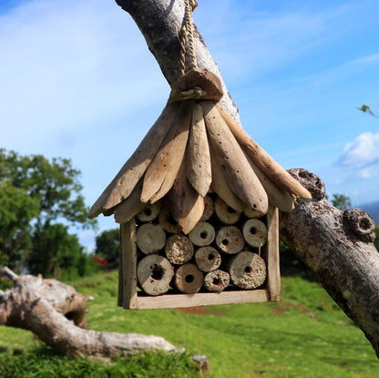 Alt Tag: Recycled Driftwood Insect Box – 20x25x26 CM colgado en un árbol, refugio rústico de madera reciclada para insectos en jardín