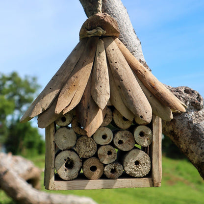 Recycled Driftwood Insect Box – 20x25x26 CM hanging driftwood insect hotel with drilled wood logs, rustic garden habitat