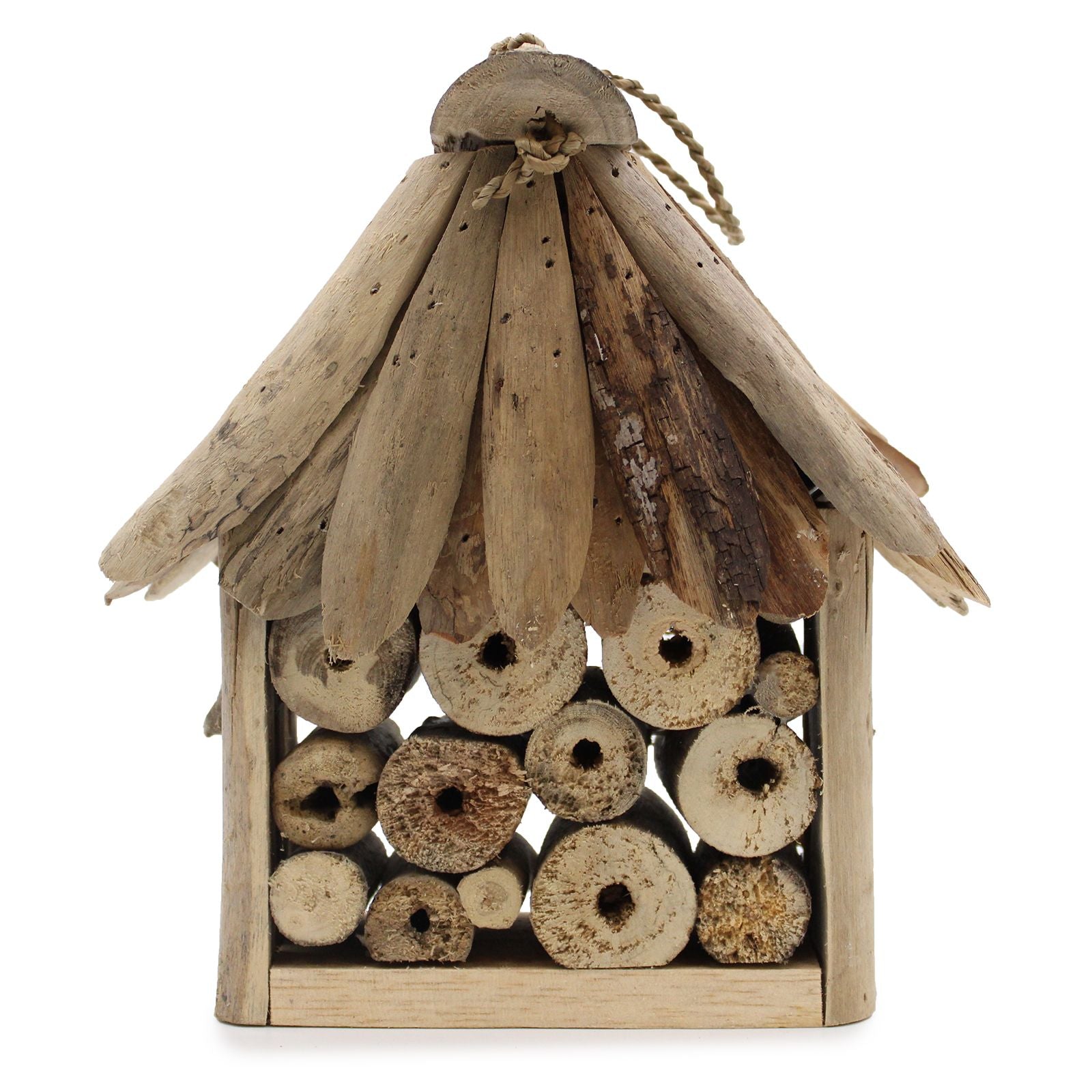Recycled Driftwood Insect Box – 20x25x26 CM with rustic driftwood roof and drilled wood tubes for garden insects