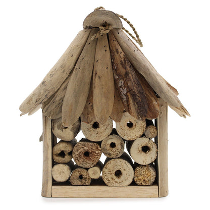 Recycled Driftwood Insect Box – 20x25x26 CM with rustic driftwood roof and drilled wood tubes for garden insects