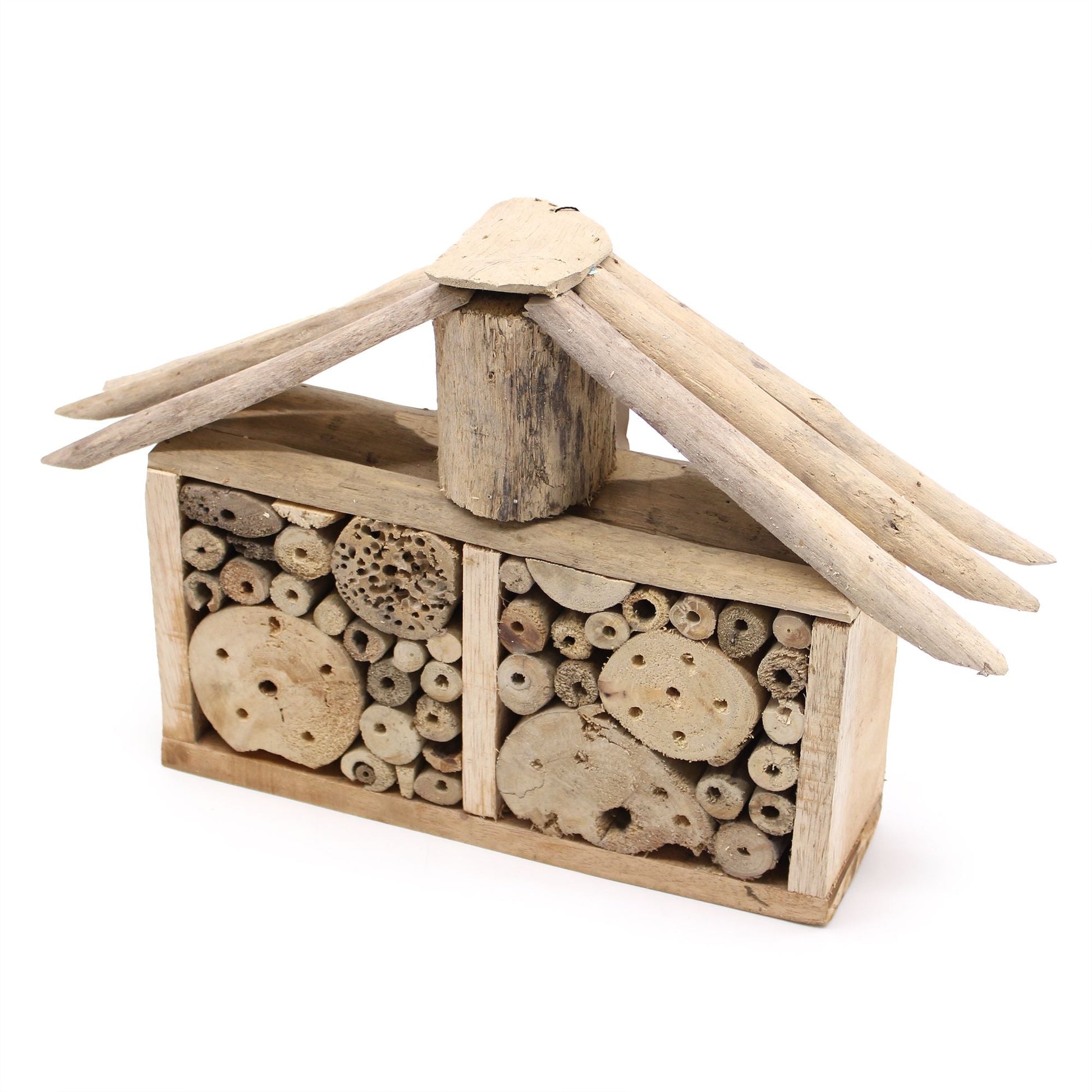 Alt Tag: Recycled Driftwood Insect House – 44 CM insect house with driftwood roof and bamboo nesting tubes, rustic garden habitat