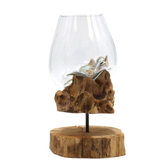 Alt Tag: Recycled Glass Bowl – Large on Gamal Wood Stand, cuenco de vidrio reciclado artesanal en soporte de madera Gamal, Bali