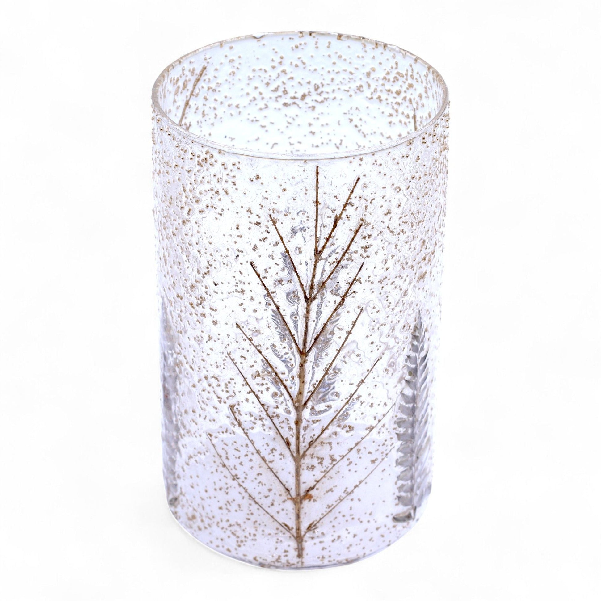 Portavelas de vidrio reciclado – portavelas de vidrio reciclado transparente de 19x11 CM con diseño de hoja prensada