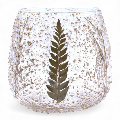 Portavelas de vidrio reciclado – 10x9 CM, portavelas de vidrio reciclado con hoja de helecho incrustada, diseño rústico