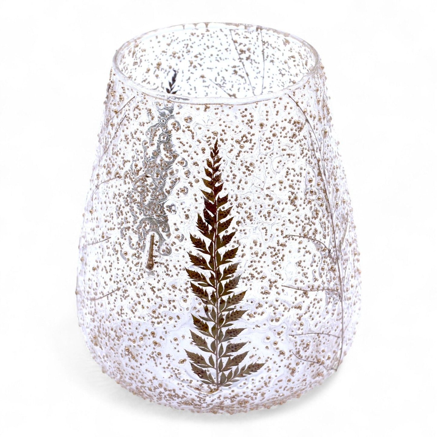 Portavelas de vidrio reciclado – Grande 15x12 CM, vidrio reciclado transparente con motas y diseño de hoja de helecho, acabado texturizado para vela tealight