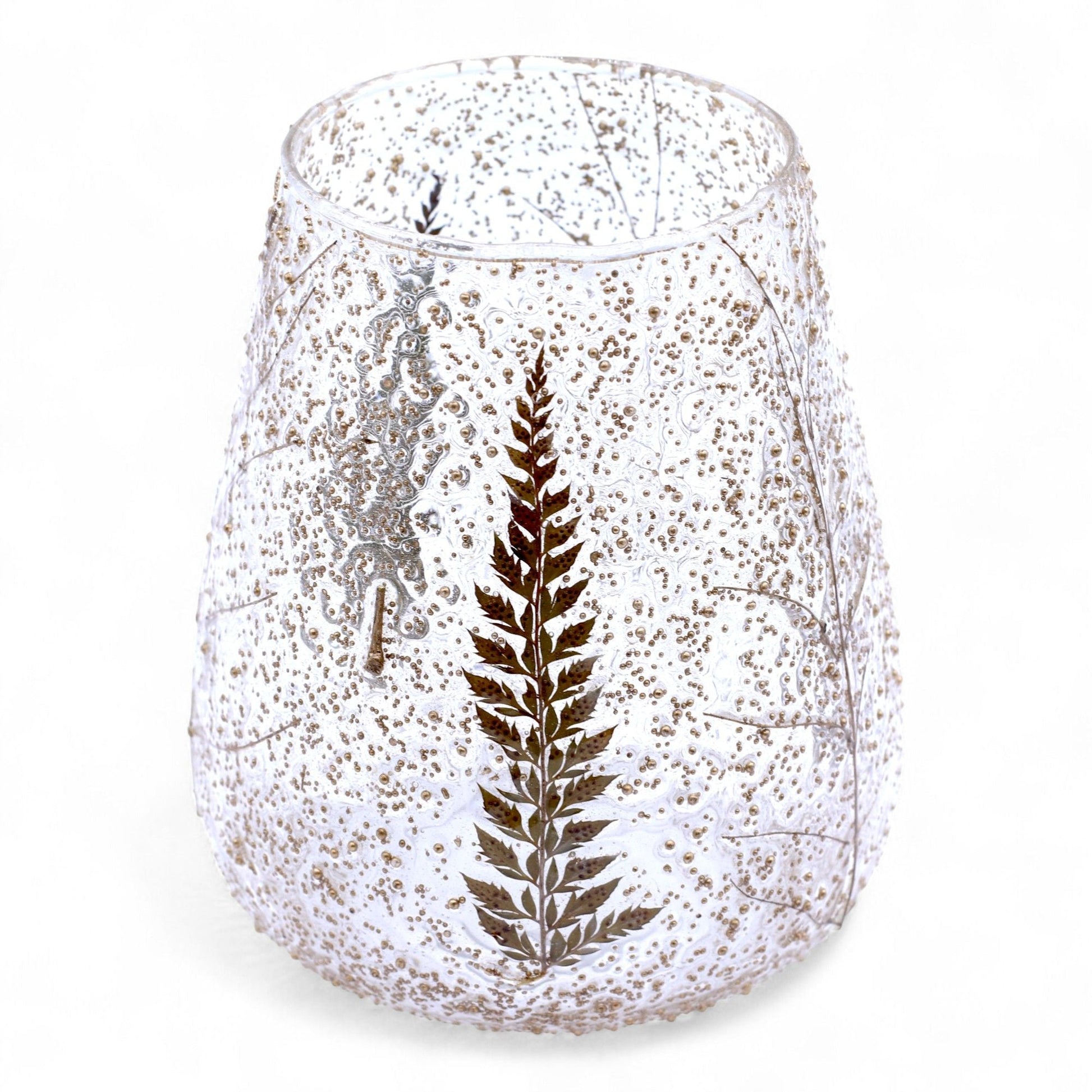 Portavelas de vidrio reciclado – Grande 15x12 CM, vidrio reciclado transparente con motas y diseño de hoja de helecho, acabado texturizado para vela tealight