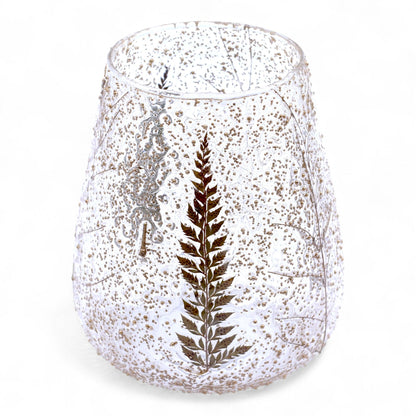 Portavelas de vidrio reciclado – Grande 15x12 CM, vidrio reciclado transparente con motas y diseño de hoja de helecho, acabado texturizado para vela tealight