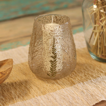 Portavelas de vidrio reciclado – Grande 15x12 CM con textura de hoja de helecho, vela tipo tealight en el interior para decoración rústica de mesa