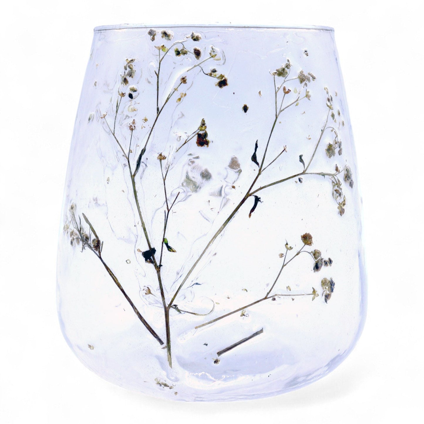 Portavelas de vidrio reciclado – Margarita 12x11CM con flores secas incrustadas, portavelas botánico de vidrio reciclado transparente