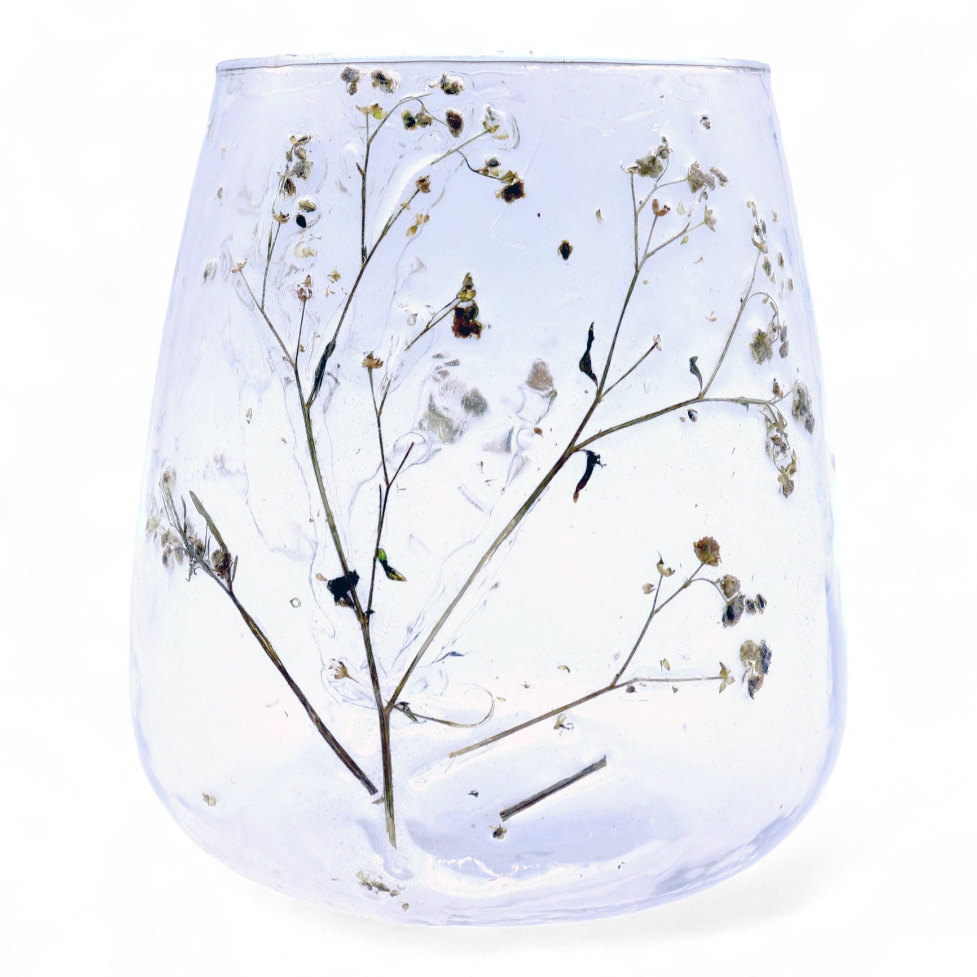 Portavelas de vidrio reciclado – Margarita 12x11CM con flores secas incrustadas, portavelas botánico de vidrio reciclado transparente