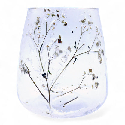Portavelas de vidrio reciclado – Margarita 12x11CM con flores secas incrustadas, portavelas botánico de vidrio reciclado transparente