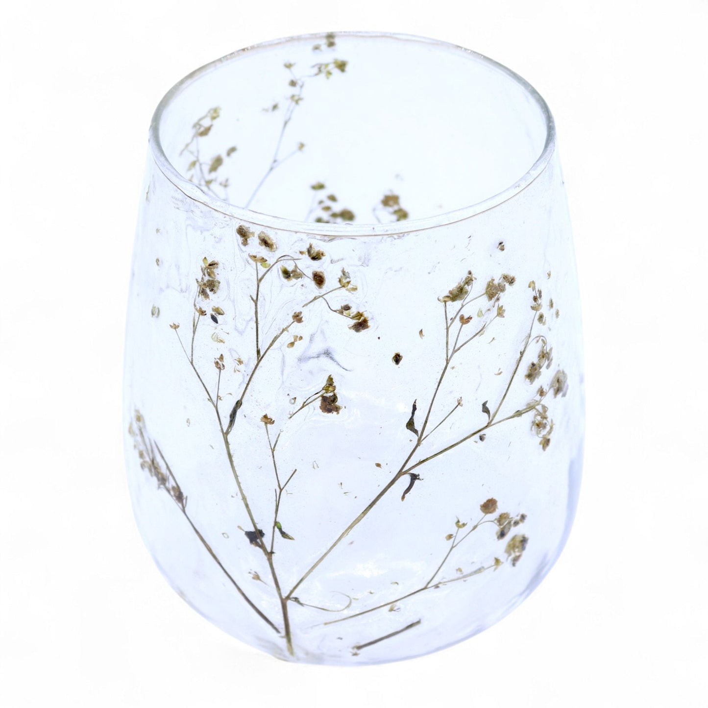 Alt Tag: Portavelas de vidrio reciclado – Margarita 12x11CM con flores secas incrustadas, portavelas de vidrio reciclado botánico transparente
