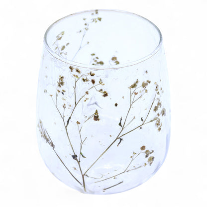 Alt Tag: Portavelas de vidrio reciclado – Margarita 12x11CM con flores secas incrustadas, portavelas de vidrio reciclado botánico transparente