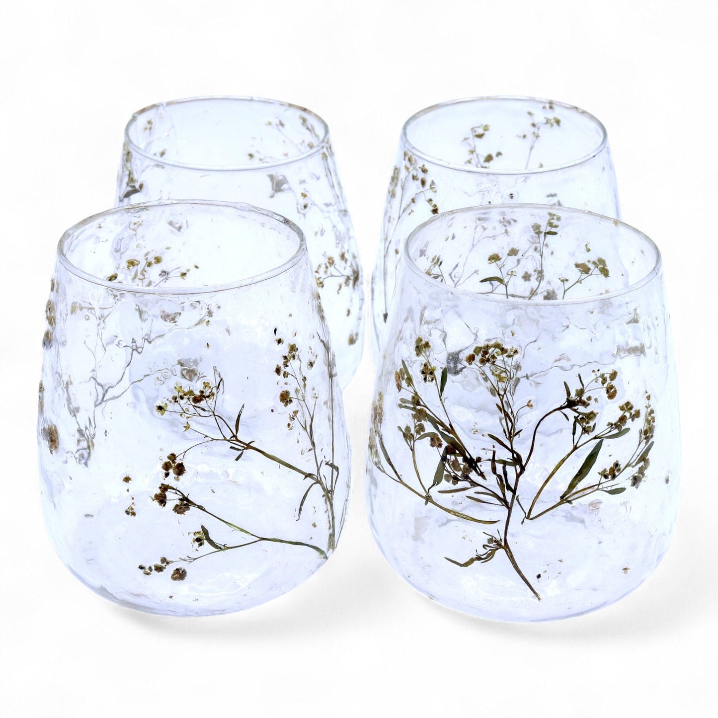 Alt Tag: Portavelas de vidrio reciclado – Margarita 12x11CM con flores secas incrustadas, set de portavelas decorativos de vidrio botánico transparente