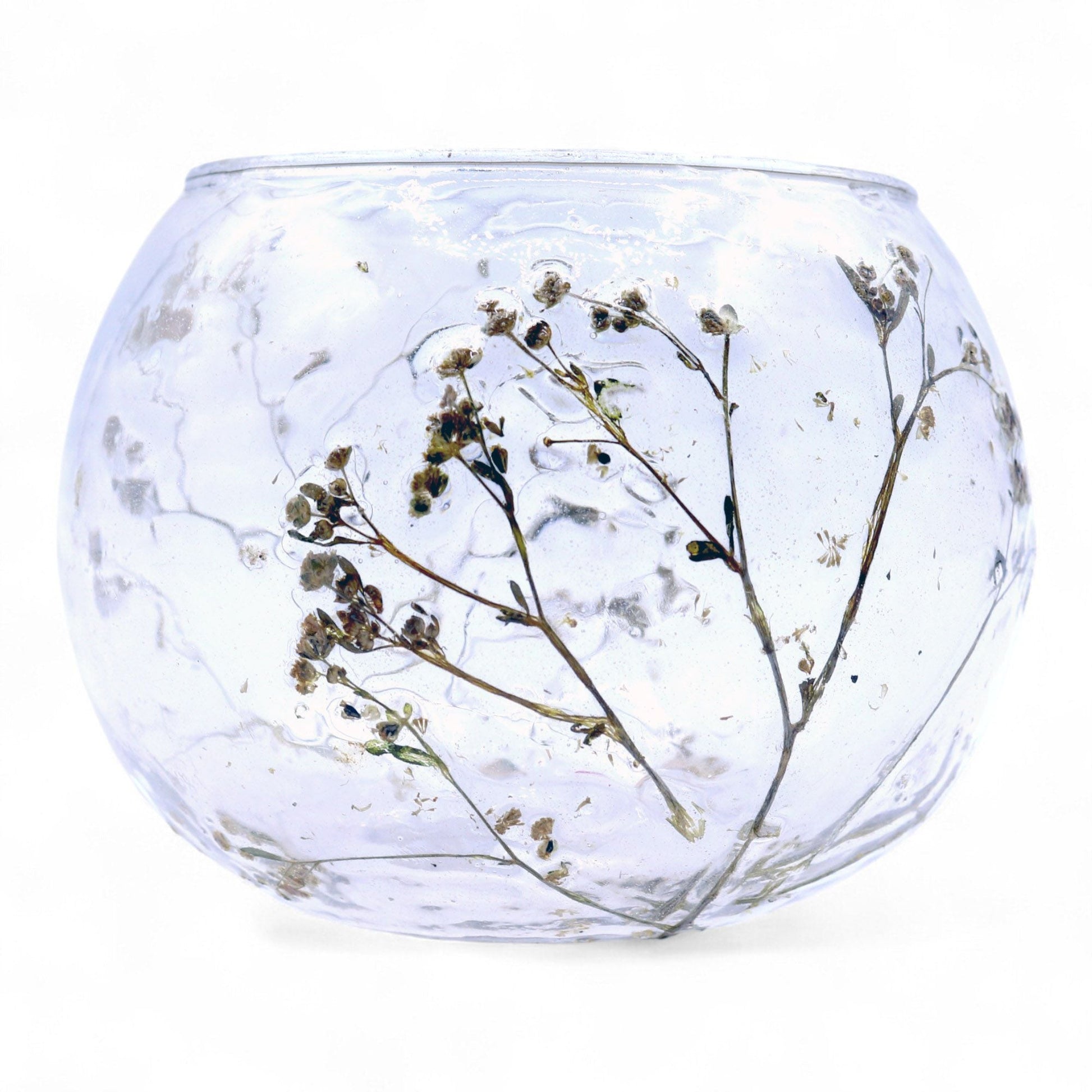 Portavelas de vidrio reciclado – Margarita portavelas de vidrio reciclado en forma de cuenco de 8x10 CM con flores secas, acabado transparente