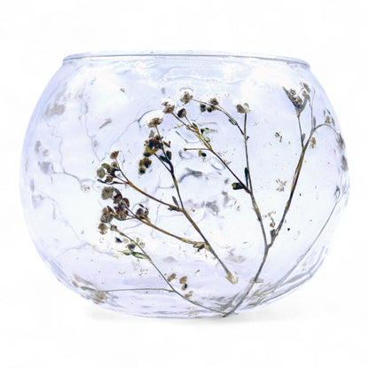 Portavelas de vidrio reciclado – Margarita portavelas de vidrio reciclado en forma de cuenco de 8x10 CM con flores secas, acabado transparente