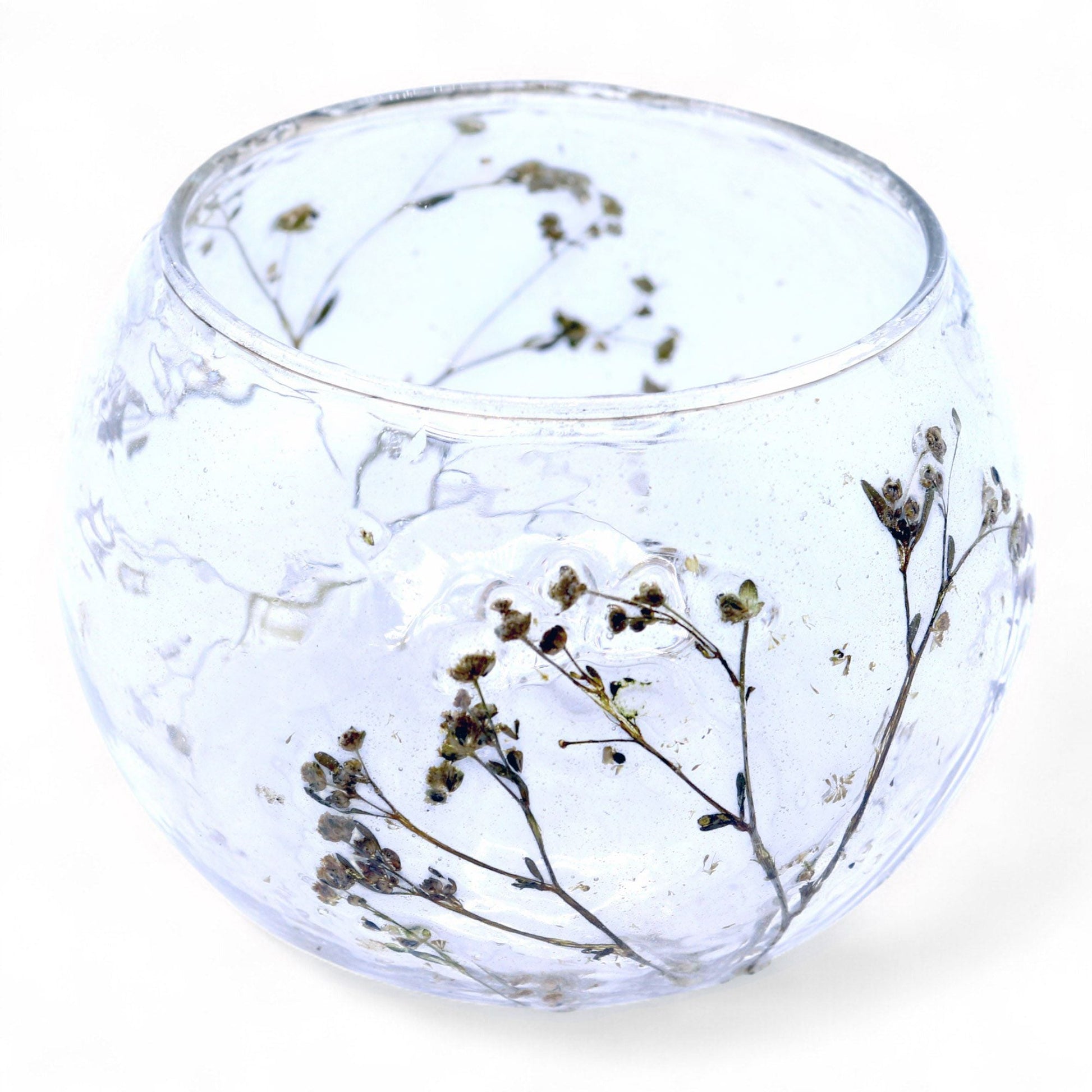 Portavelas de vidrio reciclado – Margarita 8x10 CM, portavelas de vidrio reciclado con flores secas reales, forma de cuenco transparente