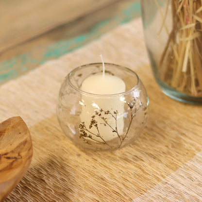 Portavelas de vidrio reciclado – Margarita 8x10 CM con flores secas, cuenco redondo de vidrio reciclado con una vela tealight blanca