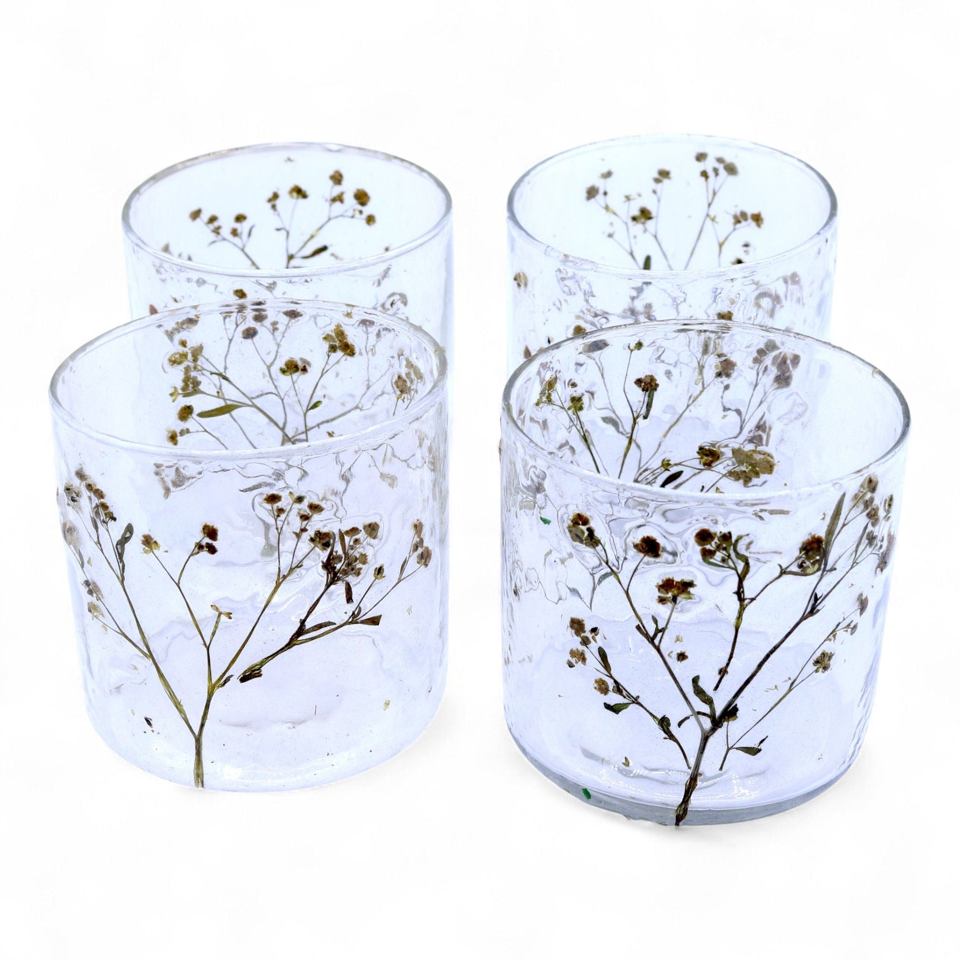 Portavelas de vidrio reciclado – Margarita 8x8 CM con diseño de flores secas, set de portavelas tipo votivo de vidrio reciclado hechos a mano