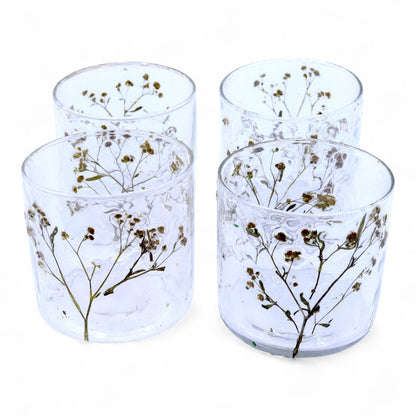Portavelas de vidrio reciclado – Margarita 8x8 CM con diseño de flores secas, set de portavelas tipo votivo de vidrio reciclado hechos a mano