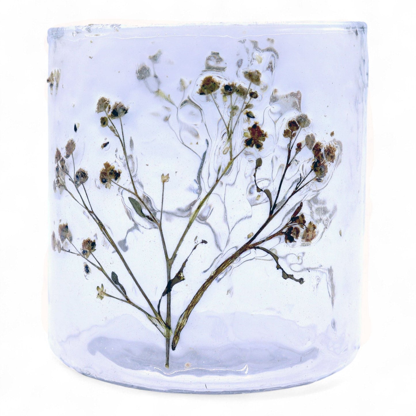 Alt Tag: Portavelas de vidrio reciclado – Margarita 8x8 CM, vidrio reciclado transparente hecho a mano con flores secas reales, 8x8 cm