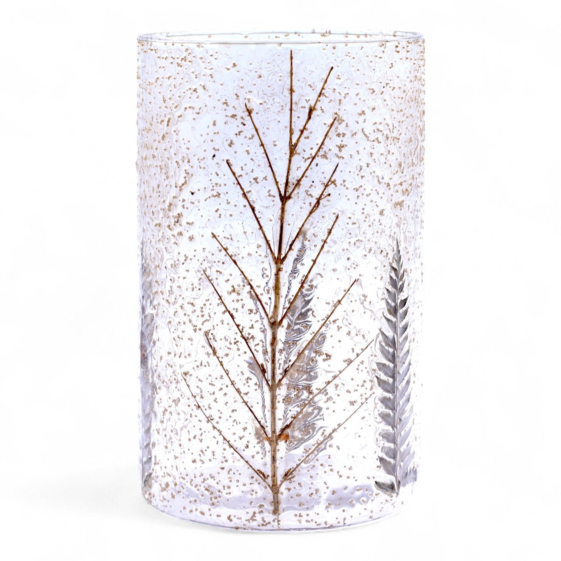 Alt Tag: Portavelas de vidrio reciclado – 19x11 CM con diseño de hojas prensadas, portavelas cilíndrico de vidrio reciclado transparente para decoración del hogar