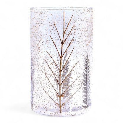 Alt Tag: Portavelas de vidrio reciclado – 19x11 CM con diseño de hojas prensadas, portavelas cilíndrico de vidrio reciclado transparente para decoración del hogar