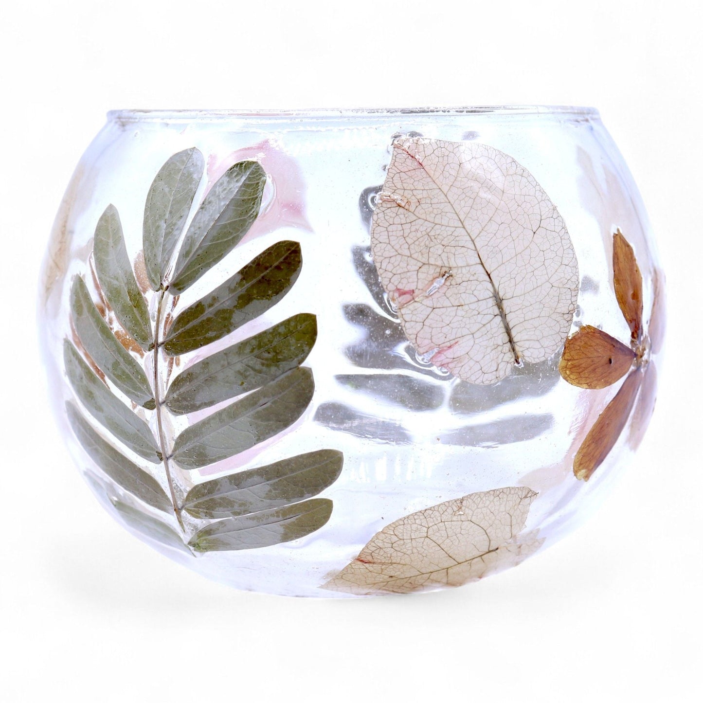 Portavelas de vidrio reciclado – Primavera 8x10 CM con flores y hojas prensadas en vidrio reciclado, portavelas artesanal decorativo
