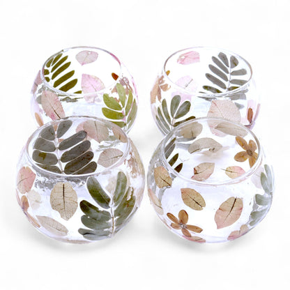Alt Tag: Portavelas de vidrio reciclado – Primavera 8x10 CM con flores prensadas en vidrio reciclado, portavelas artesanal decorativo