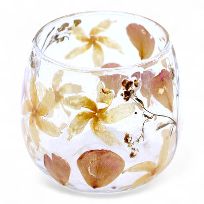 Portavelas de vidrio reciclado – Rosa 8x8 CM con flores prensadas en vidrio reciclado, portavelas decorativo transparente