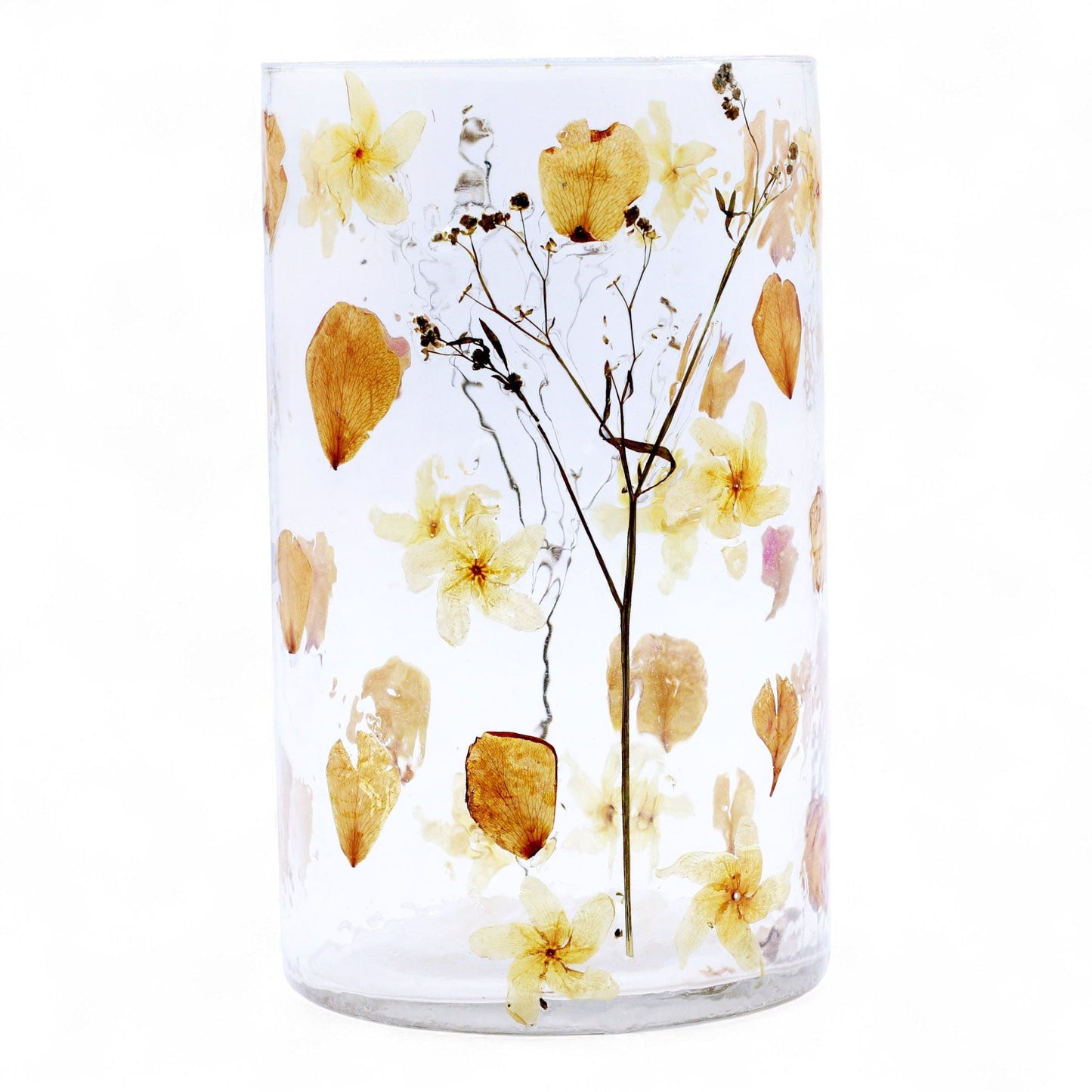 Portavelas de vidrio reciclado – Rose 19x11 CM, portavelas cilíndrico de vidrio reciclado transparente con flores prensadas amarillas